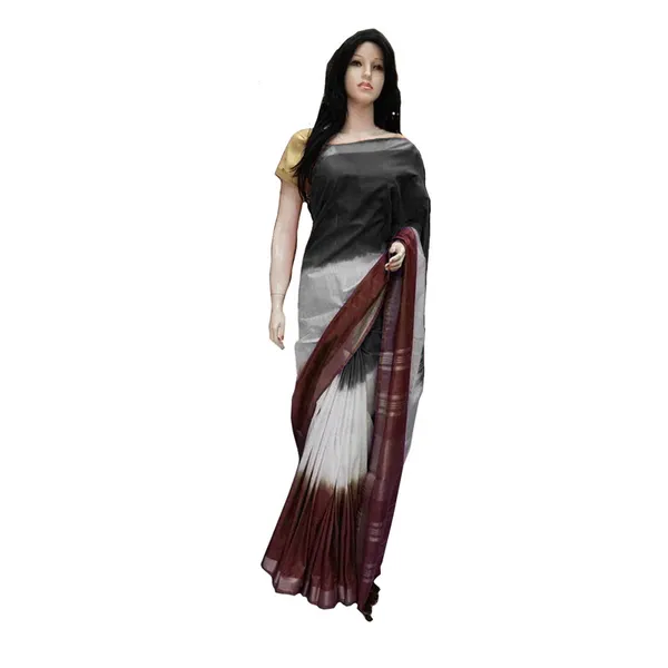 Linen_Cotton_Blend_Handloom_Tie-Dye_Bhagalpuri_Saree_(Black-White-Rewood_Brown)