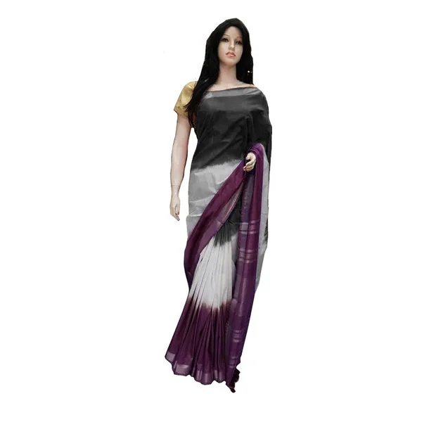Linen_Cotton_Blend_Handloom_Tie-Dye_Bhagalpuri_Saree_(Black-White-Tyrian_Purple)