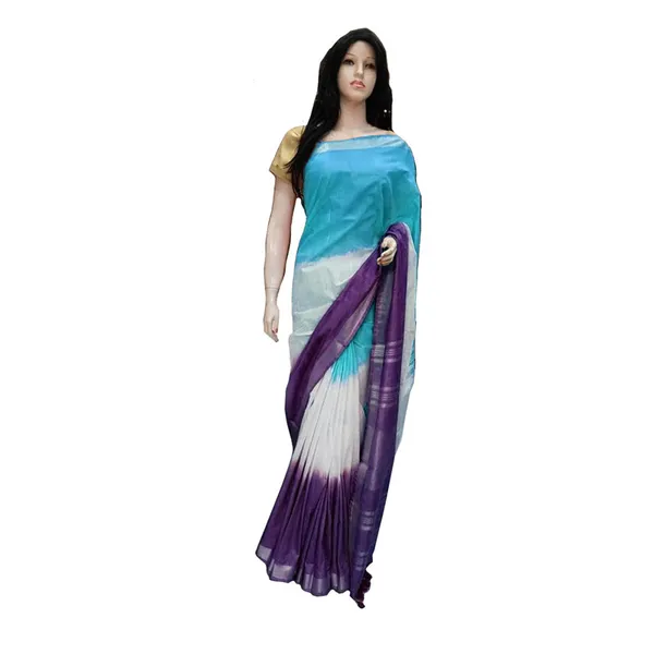 Linen_Cotton_Blend_Handloom_Tri-Dye_Bhagalpuri_Saree_(Cyan-White-French_Violet)