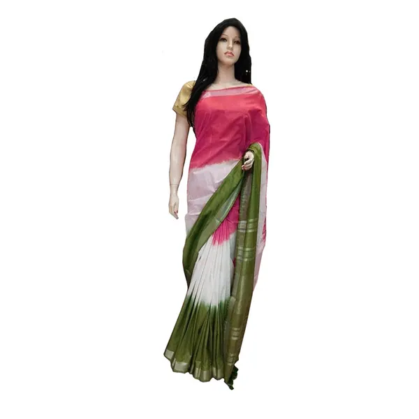 Linen_Cotton_Blend_Handloom_Tri-Dye_Bhagalpuri_Saree_(Cerise_Pink-White-Avocado_Green)