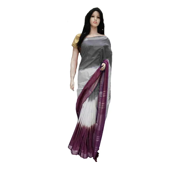 Linen_Cotton_Blend_Handloom_Tri-Dye_Bhagalpuri_Saree_(Grey-White-Tyrian_Purple)