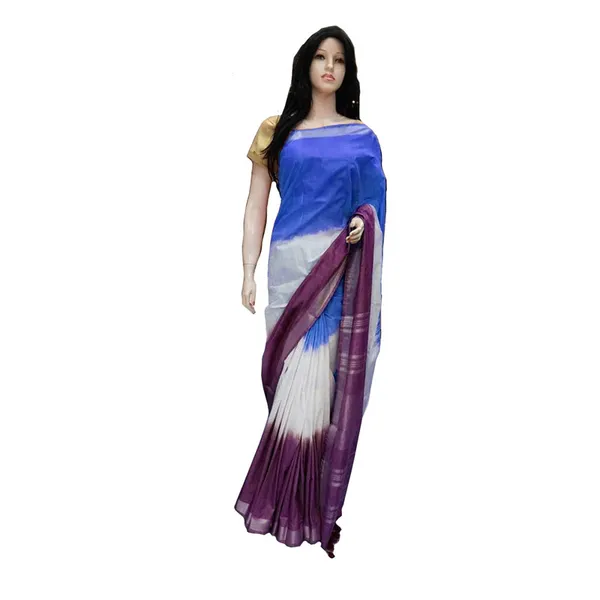 Linen_Cotton_Blend_Handloom_Tri-Dye_Bhagalpuri_Saree_(Neon_Blue-White-Byzantium_Purple)