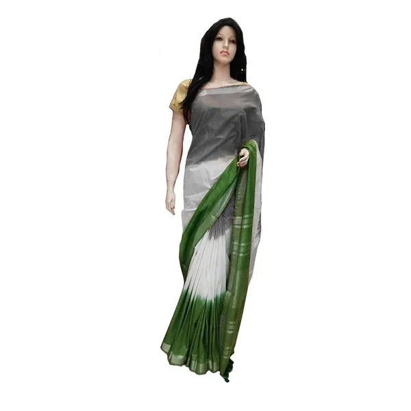 Linen_Cotton_Blend_Handloom_Tri-Dye_Bhagalpuri_Saree_(Grey-White-Racing_Green)