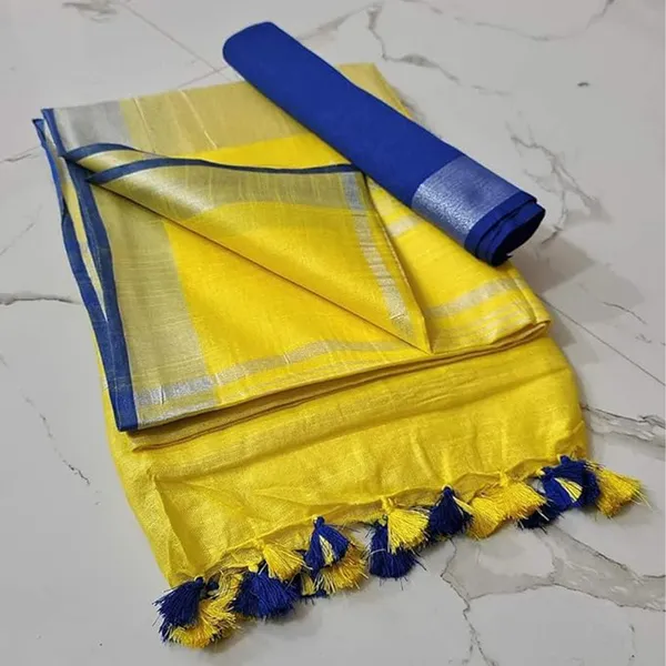 Linen_Cotton_Blend_Handloom_Bhagalpuri_Saree_with_Contrast_Blouse_Piece_(12612_Canary_Yellow-Blue)