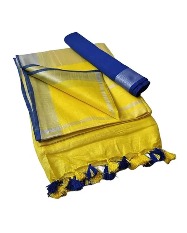 Linen_Cotton_Blend_Handloom_Bhagalpuri_Saree_with_Contrast_Blouse_Piece_(12612_Canary_Yellow-Blue)