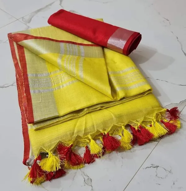 Linen_Cotton_Blend_Handloom_Bhagalpuri_Saree_with_Contrast_Blouse_Piece_(12613_Canary_Yellow-Red)