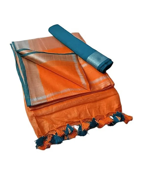 Linen_Cotton_Blend_Handloom_Bhagalpuri_Saree_with_Contrast_Blouse_Piece_(12614_Cinnomon_Orange-Cyan)