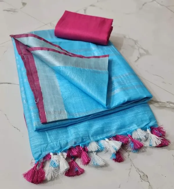 Linen_Cotton_Blend_Handloom_Bhagalpuri_Saree_with_Contrast_Blouse_Piece_(12616_Cyan-Pink)
