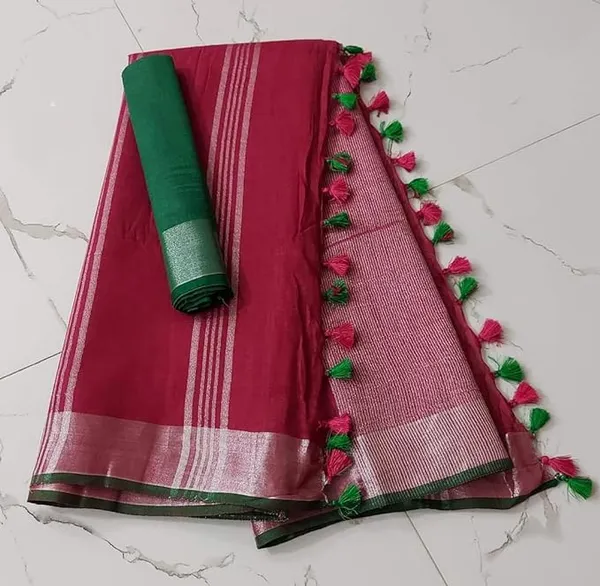 Linen_Cotton_Blend_Handloom_Bhagalpuri_Saree_with_Contrast_Blouse_Piece_(12617_Deep_Pink-Dark_Green)