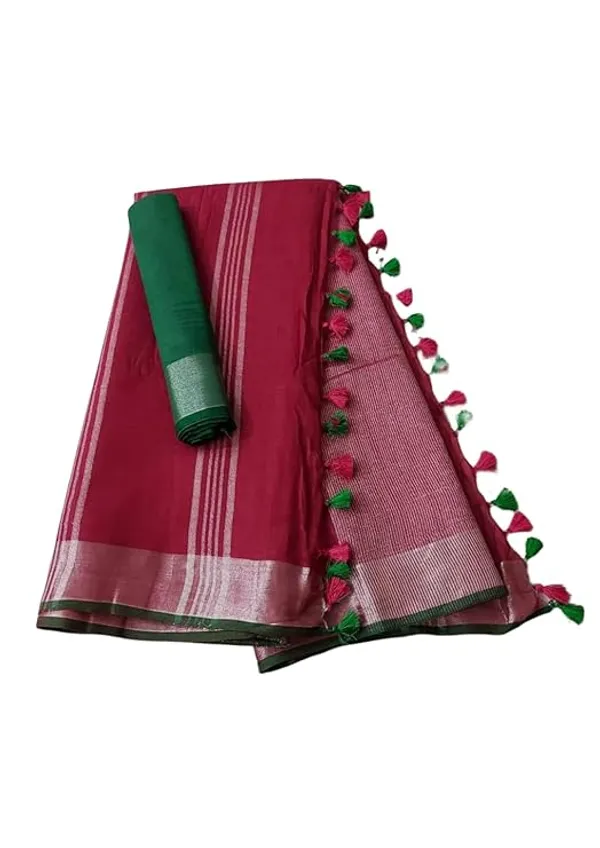 Linen_Cotton_Blend_Handloom_Bhagalpuri_Saree_with_Contrast_Blouse_Piece_(12617_Deep_Pink-Dark_Green)