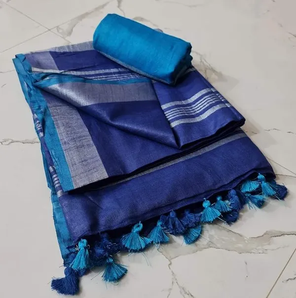 Linen_Cotton_Blend_Handloom_Bhagalpuri_Saree_with_Contrast_Blouse_Piece_(12618_Duke_Blue-Cyan)