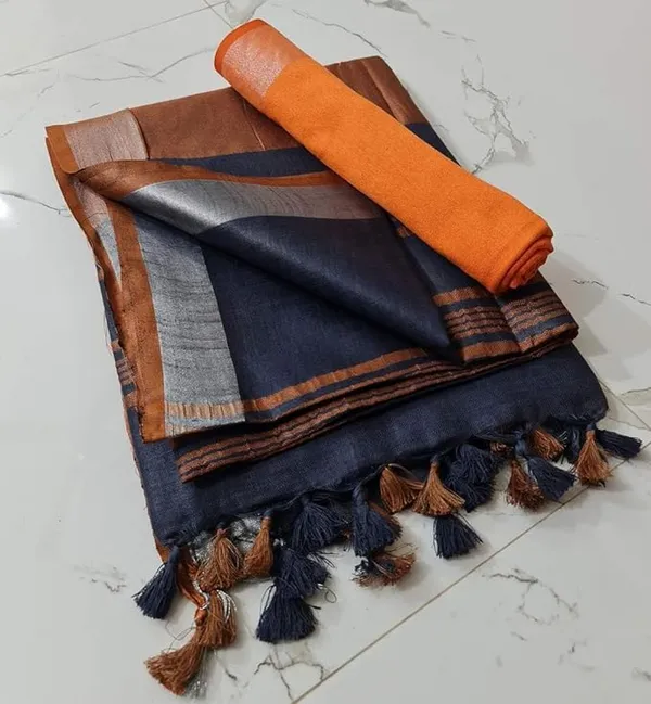 Linen_Cotton_Blend_Handloom_Bhagalpuri_Saree_with_Contrast_Blouse_Piece_(12619_Egyptian_Blue-Orange)