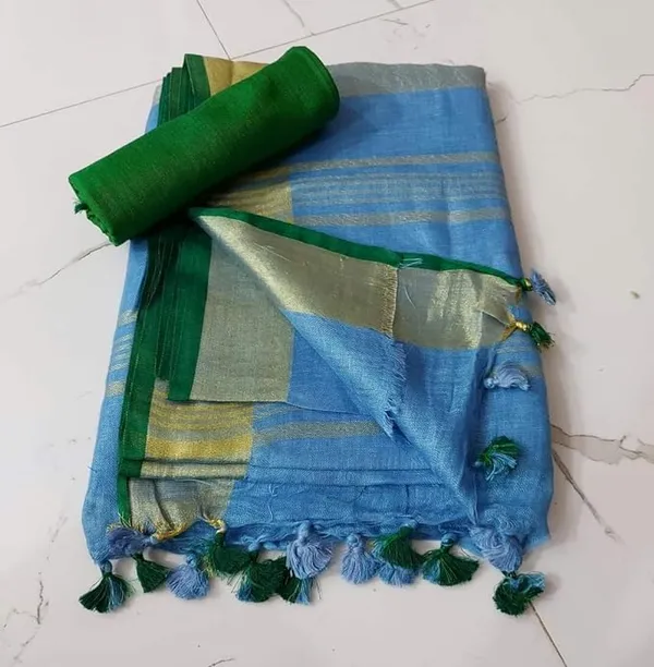 Linen_Cotton_Blend_Handloom_Bhagalpuri_Saree_with_Contrast_Blouse_Piece_(12622_Gold-Azure_Blue-Green)