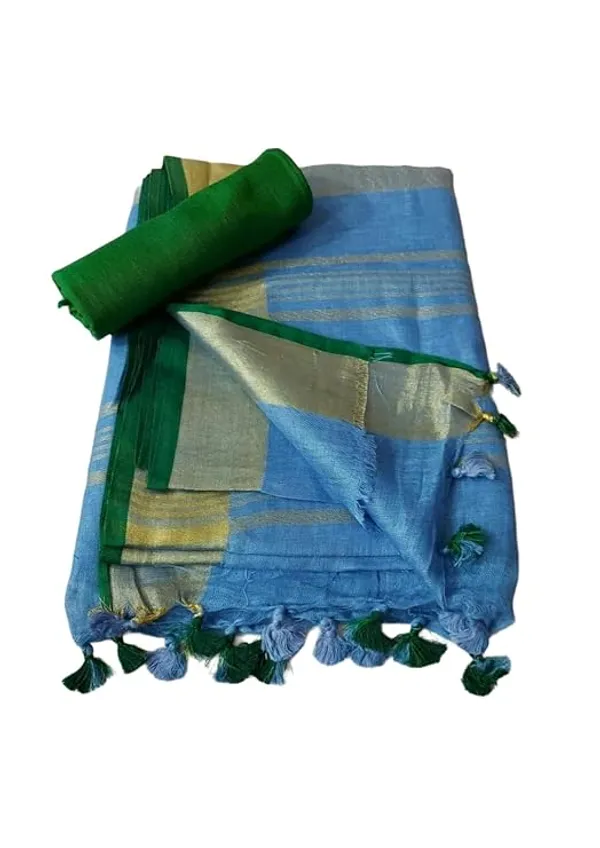 Linen_Cotton_Blend_Handloom_Bhagalpuri_Saree_with_Contrast_Blouse_Piece_(12622_Gold-Azure_Blue-Green)