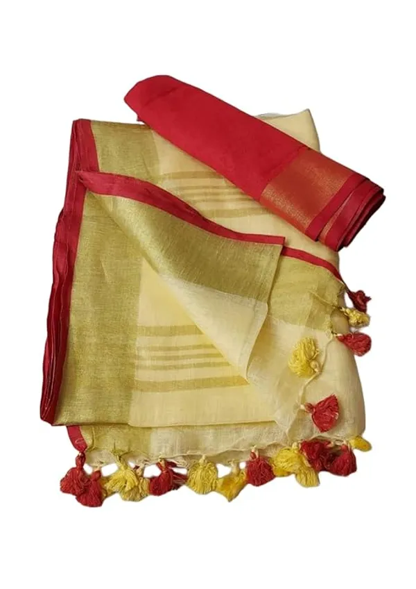 Linen_Cotton_Blend_Handloom_Bhagalpuri_Saree_with_Contrast_Blouse_Piece_(12623_Gold-Creame-Red)