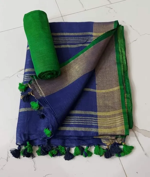 Linen_Cotton_Blend_Handloom_Bhagalpuri_Saree_with_Contrast_Blouse_Piece_(12624_Gold-Duke_Blue-Green)