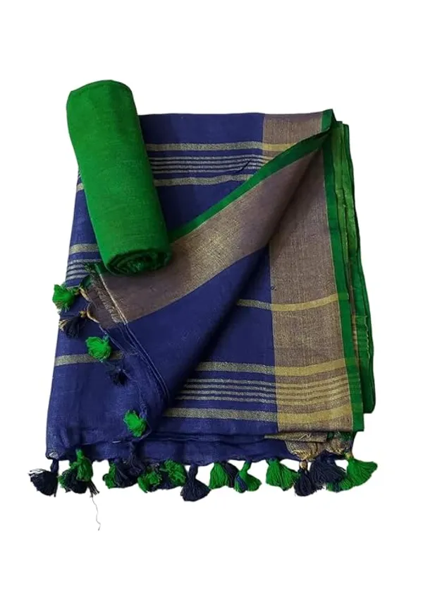 Linen_Cotton_Blend_Handloom_Bhagalpuri_Saree_with_Contrast_Blouse_Piece_(12624_Gold-Duke_Blue-Green)