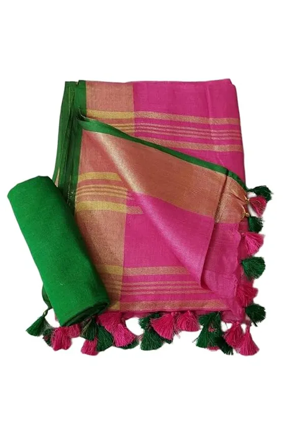 Linen_Cotton_Blend_Handloom_Bhagalpuri_Saree_with_Contrast_Blouse_Piece_(12625_Gold-Glaire_Pink-Dark_Green)