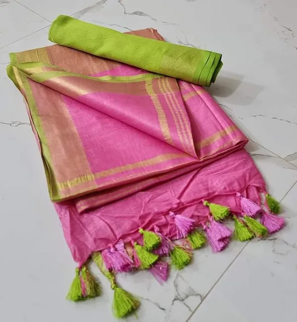Linen_Cotton_Blend_Handloom_Bhagalpuri_Saree_with_Contrast_Blouse_Piece_(12626_Gold-Glowie_Pink-Parrot_Green)