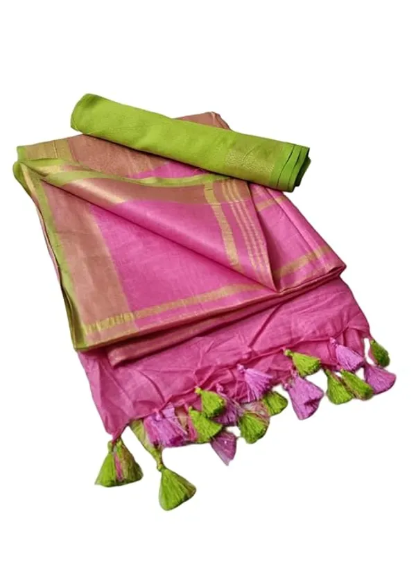 Linen_Cotton_Blend_Handloom_Bhagalpuri_Saree_with_Contrast_Blouse_Piece_(12626_Gold-Glowie_Pink-Parrot_Green)