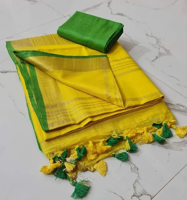 Handloom_Bhagalpuri_Linen_Cotton_Blend_Contrast_Border_Saree_for_Women_(12628_Gold-Yellow-Green)