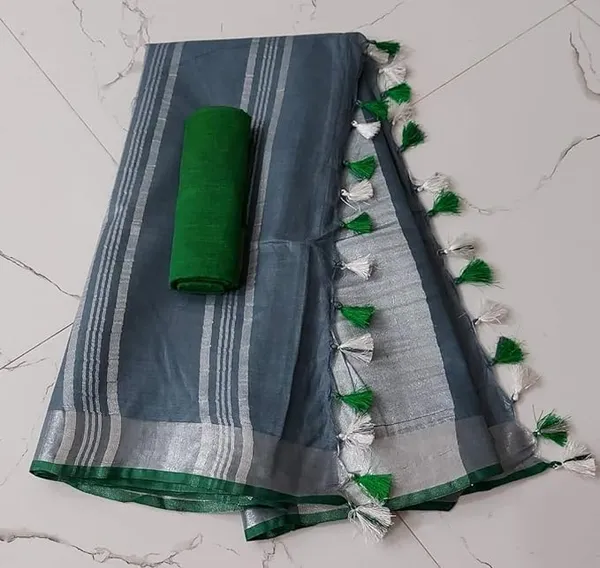 Linen_Cotton_Blend_Handloom_Bhagalpuri_Saree_with_Contrast_Blouse_Piece_(12631_Grey-Dark_Green)