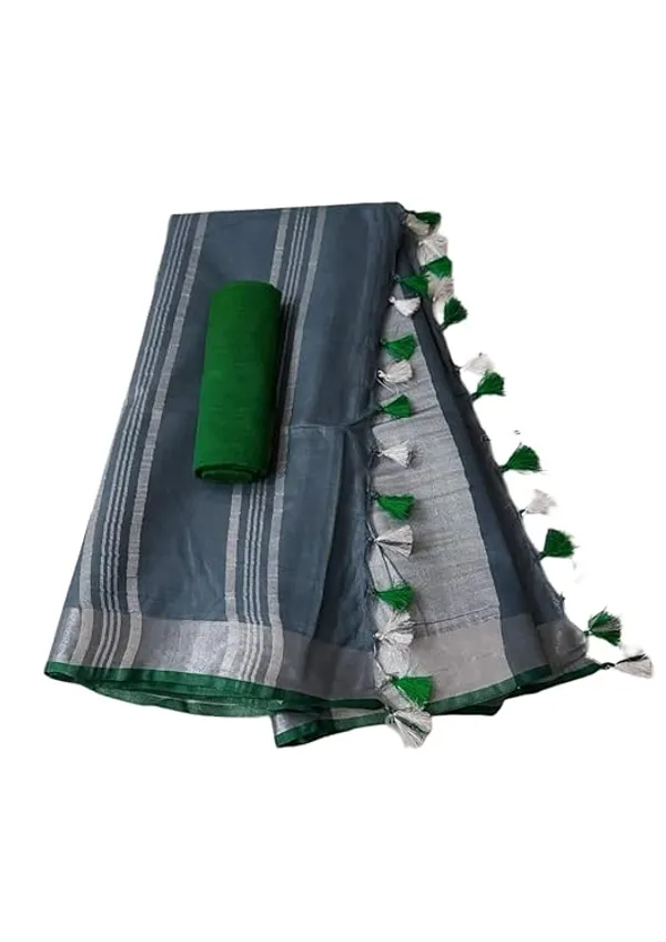 Linen_Cotton_Blend_Handloom_Bhagalpuri_Saree_with_Contrast_Blouse_Piece_(12631_Grey-Dark_Green)