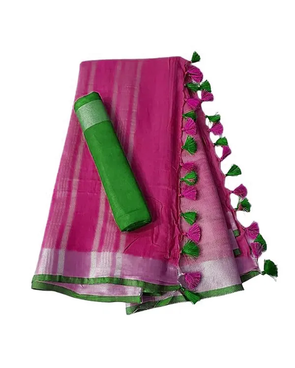Linen_Cotton_Blend_Handloom_Bhagalpuri_Saree_with_Contrast_Blouse_Piece_(12636_Hot_Pink-Green)
