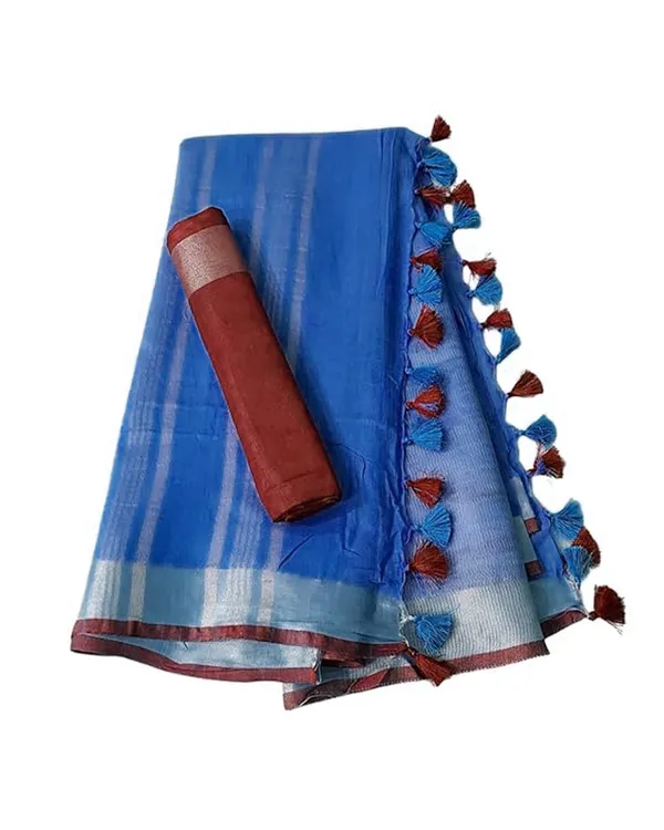 Linen_Cotton_Blend_Handloom_Bhagalpuri_Saree_with_Contrast_Blouse_Piece_(12640_Neon_Blue-Red)