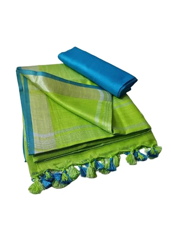Linen_Cotton_Blend_Handloom_Bhagalpuri_Saree_with_Contrast_Blouse_Piece_(12641_Parrot_Green-Cyan)