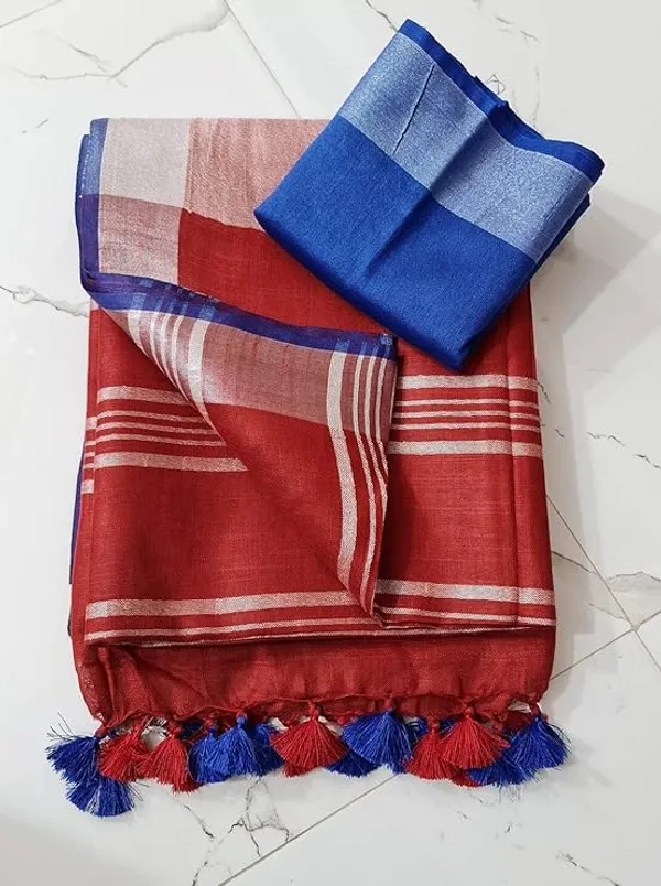 Linen_Cotton_Blend_Handloom_Bhagalpuri_Saree_with_Contrast_Blouse_Piece_(12642_Maroon_Red-Blue)