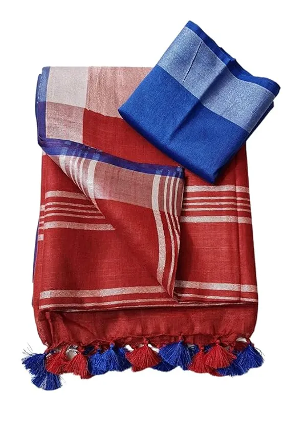 Linen_Cotton_Blend_Handloom_Bhagalpuri_Saree_with_Contrast_Blouse_Piece_(12642_Maroon_Red-Blue)