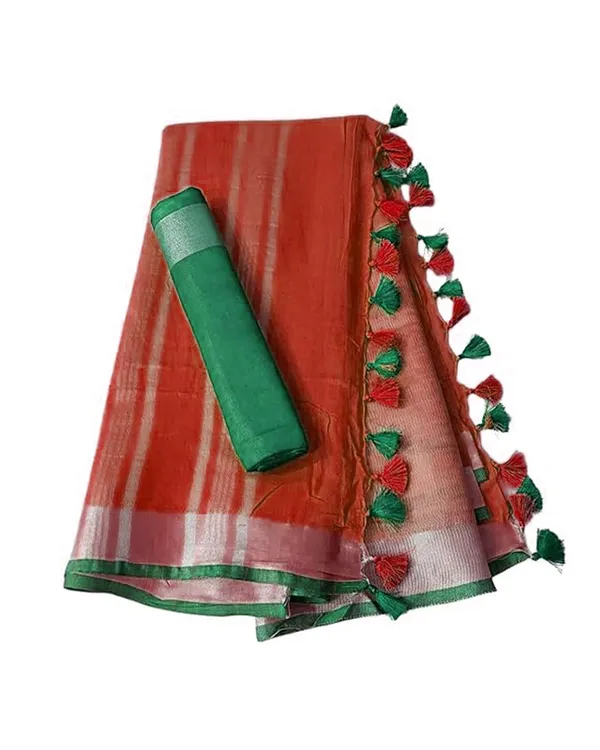 Linen_Cotton_Blend_Handloom_Bhagalpuri_Saree_with_Contrast_Blouse_Piece_(12643_Red-Green)