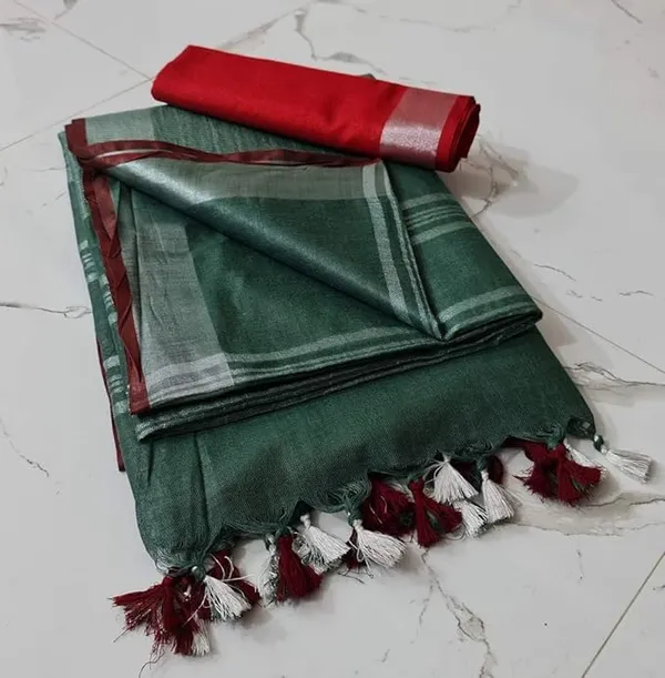 Linen_Cotton_Blend_Handloom_Bhagalpuri_Saree_with_Contrast_Blouse_Piece_(12646_Stromeb_Green-Red)