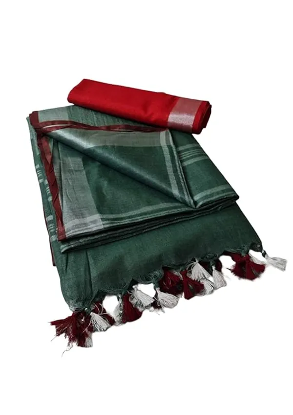 Linen_Cotton_Blend_Handloom_Bhagalpuri_Saree_with_Contrast_Blouse_Piece_(12646_Stromeb_Green-Red)