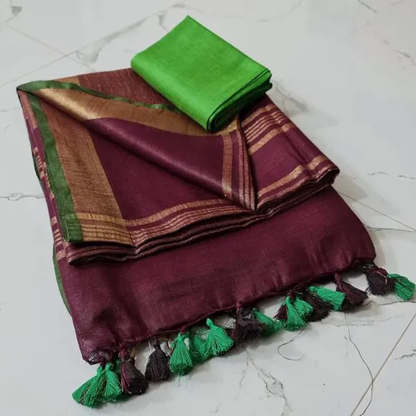 Linen_Cotton_Blend_Handloom_Bhagalpuri_Saree_with_Contrast_Blouse_Piece_(12647_Wineberry_Brown-Dark_Green)