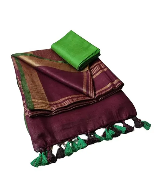 Linen_Cotton_Blend_Handloom_Bhagalpuri_Saree_with_Contrast_Blouse_Piece_(12647_Wineberry_Brown-Dark_Green)
