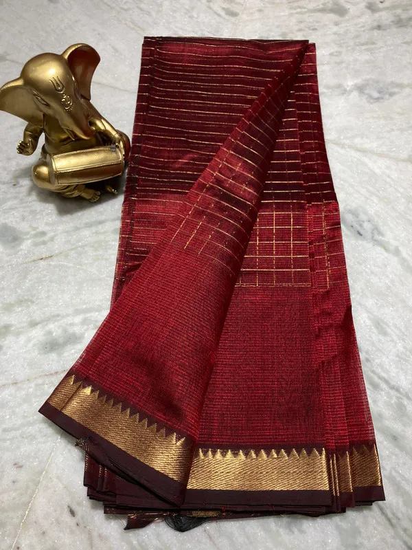 Premium_Cotton_Silk_Handloom_Mangalagiri_Half_Body_Check_Saree_(HB-Maroon_Red)
