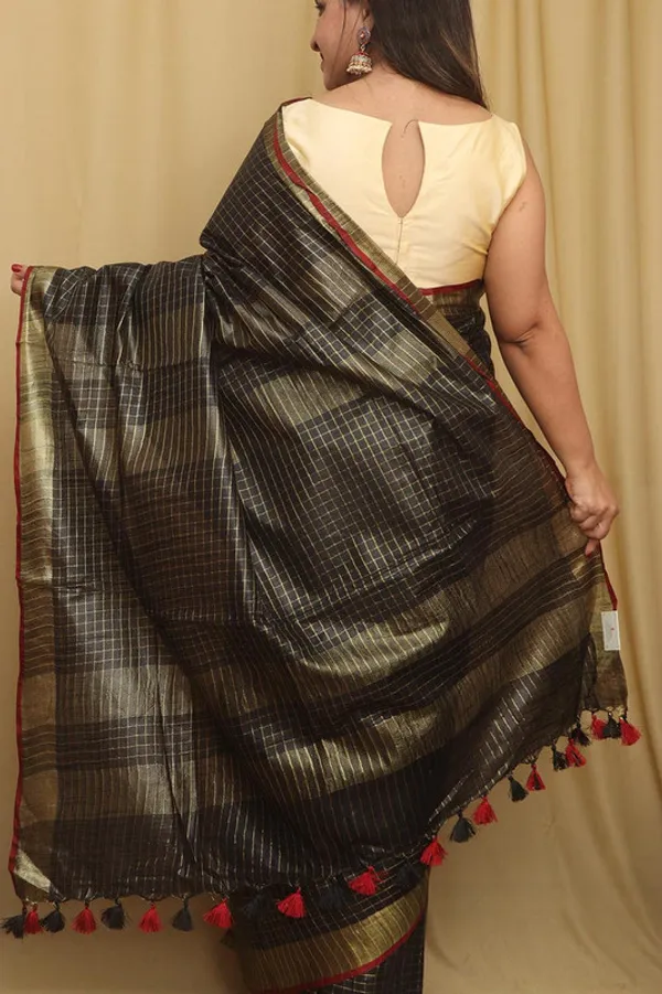 Linen_Blend_Handloom_Bhagalpuri_Check_Contrast_Saree_(Gold-Black-Red)