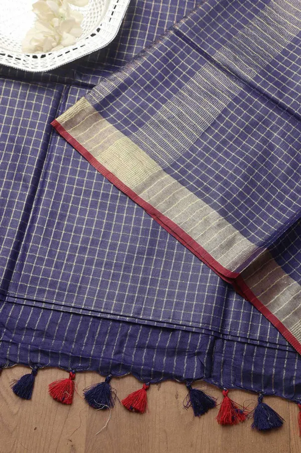 Linen_Blend_Handloom_Bhagalpuri_Check_Contrast_Saree_(Gold-Carbon_Blue-Red)