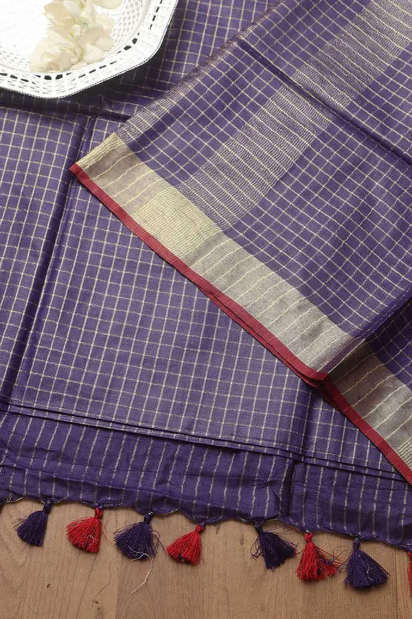 Linen_Blend_Handloom_Bhagalpuri_Check_Contrast_Saree_(Gold-French_Purple-Red)