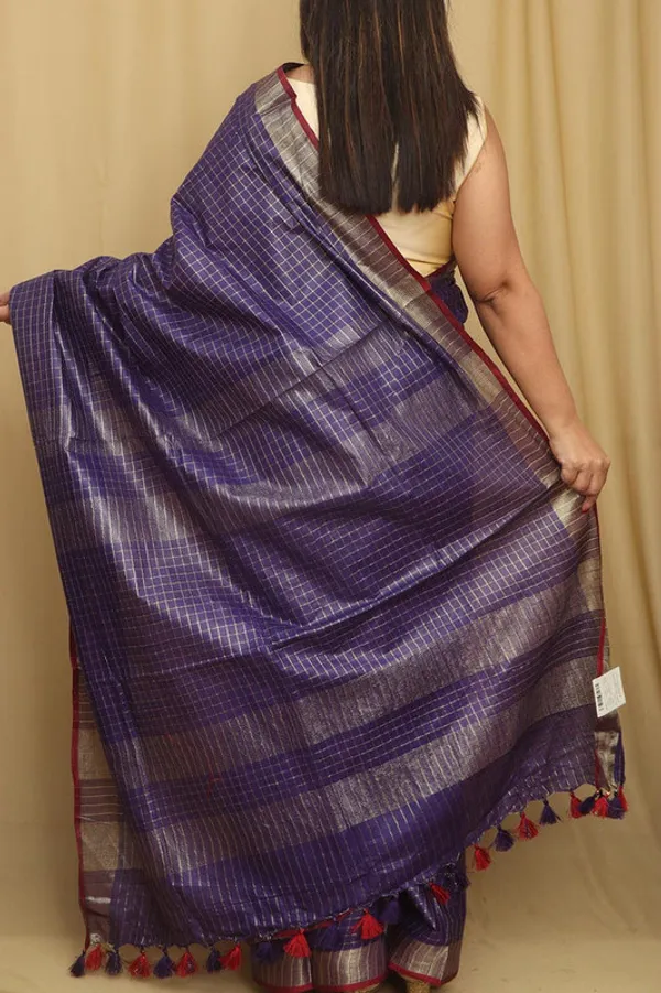 Linen_Blend_Handloom_Bhagalpuri_Check_Contrast_Saree_(Gold-French_Purple-Red)
