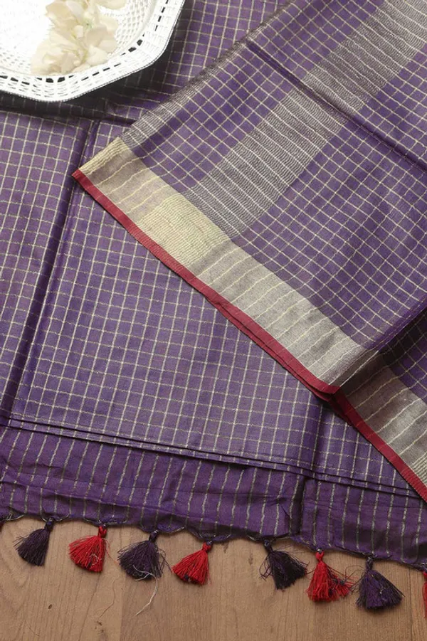Linen_Blend_Handloom_Bhagalpuri_Check_Contrast_Saree_(Gold-Mountbatten_Brown-Red)
