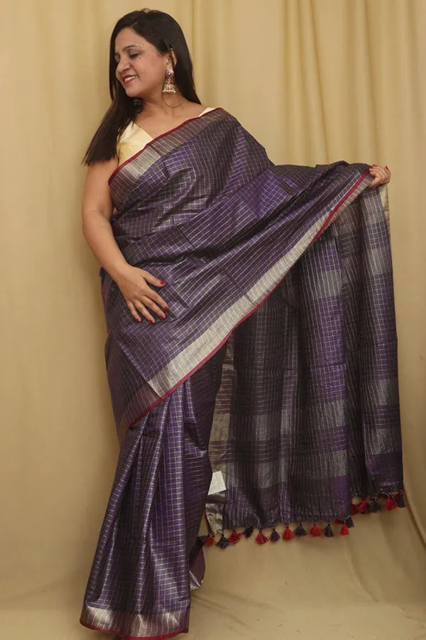 Linen_Blend_Handloom_Bhagalpuri_Check_Contrast_Saree_(Gold-Mountbatten_Brown-Red)