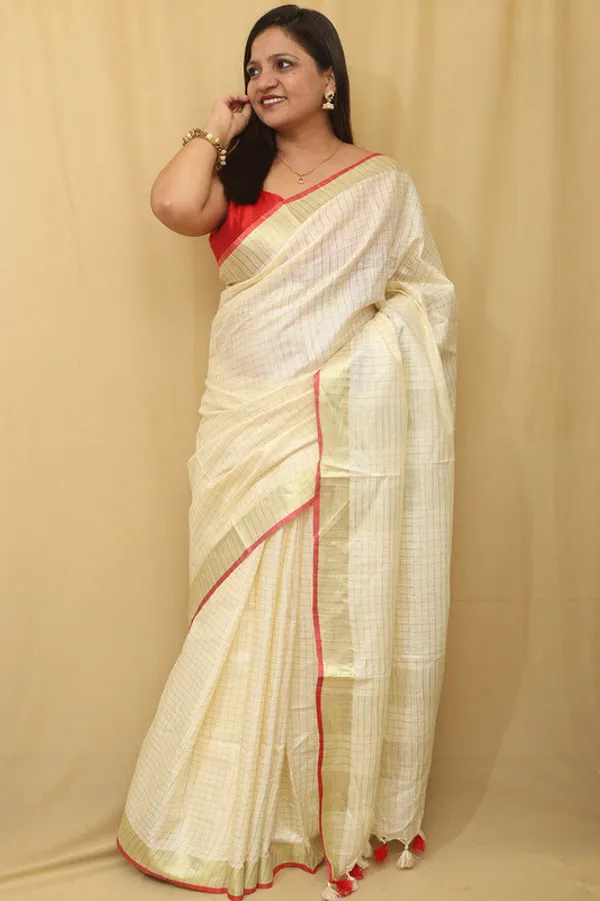 Gold_Zari_Check_Pattern_Handloom_Bhagalpuri_Linen_Cotton_Blend_Saree