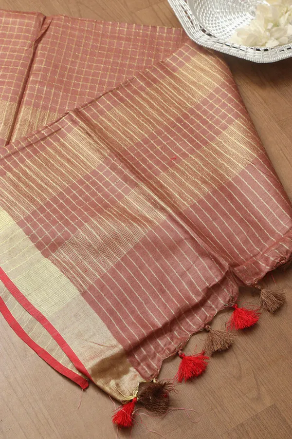 Linen_Blend_Handloom_Bhagalpuri_Check_Contrast_Saree_(Gold-Redwood_Brown-Red)