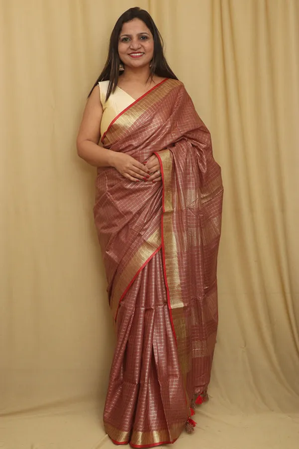 Linen_Blend_Handloom_Bhagalpuri_Check_Contrast_Saree_(Gold-Redwood_Brown-Red)