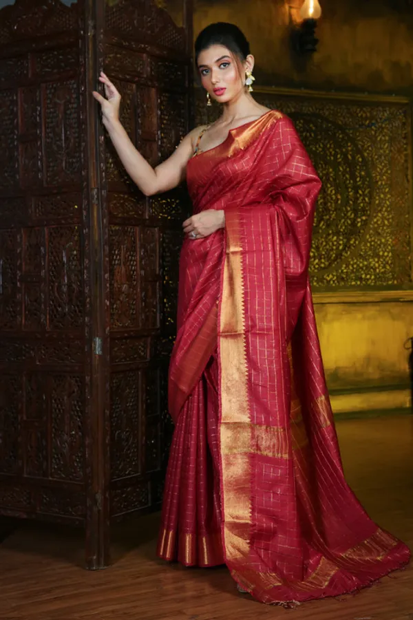 Authentic_Dark_Red_Cotton_Silk_Handloom_Mangalagiri_Check_Saree_with_Blouse_Piece