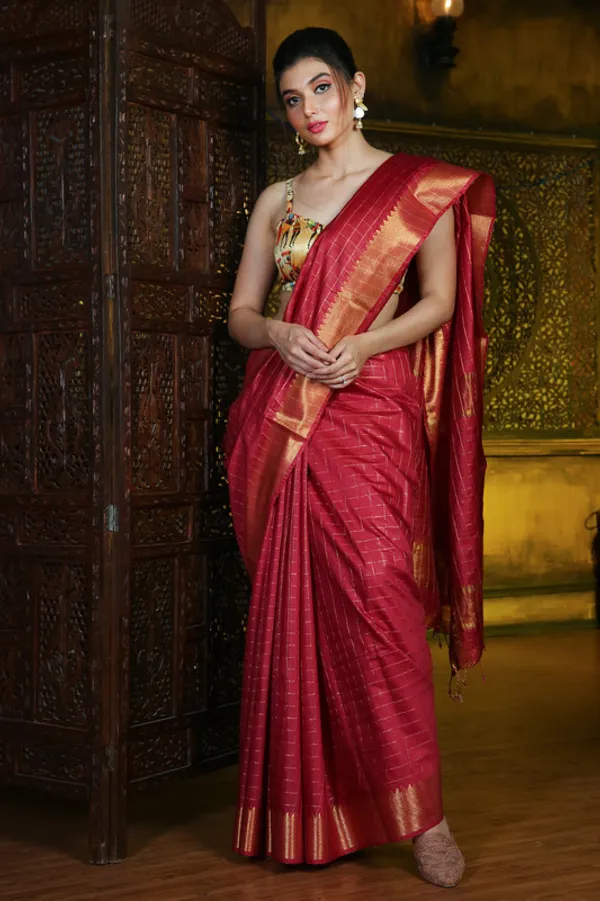 Authentic_Dark_Red_Cotton_Silk_Handloom_Mangalagiri_Check_Saree_with_Blouse_Piece