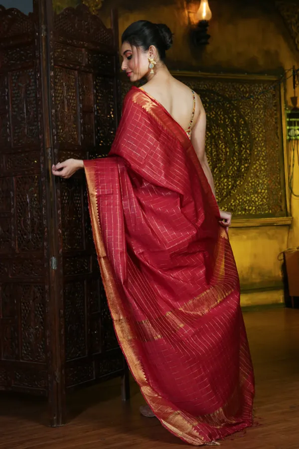 Authentic_Dark_Red_Cotton_Silk_Handloom_Mangalagiri_Check_Saree_with_Blouse_Piece
